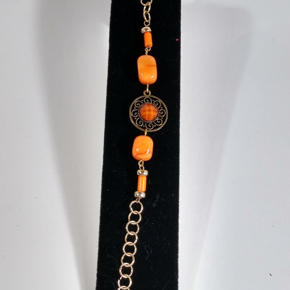 Bracelet Gold Etched Orange Bead Extender Delicate